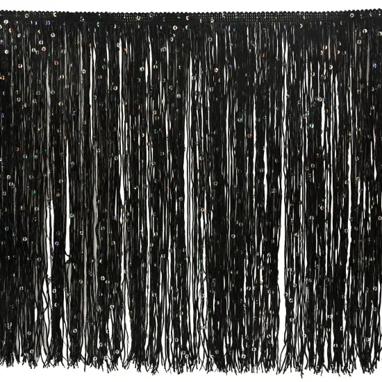 12" Starlight Hologram Sequin Chainette Fringe Trim Black {1}
