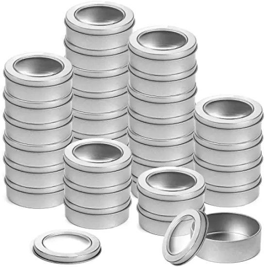 30 Pack 2 Ounce Metal Tin Cans - Round Empty Containers with Clear Top for Candles, Arts & Crafts, Storage in Kitchen & Office Use {1}