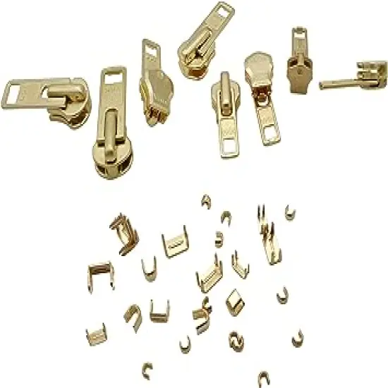 Zipper Repair Kit Solution YKK 8 Sets Auto Lock Sliders Assorted 2 of #5, 2 of #7 , 2 of #8 and 2 of #10 Included Top & Bottom Stops - Made in USA (YKK Brass Auto Lock Sliders) {1}