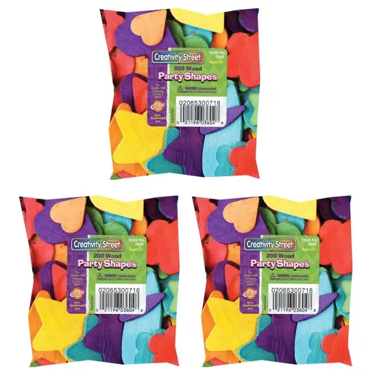 Wood Party Shapes, Assorted Colors, 1/2" to 2", 200 Per Pack, 3 Packs {1}