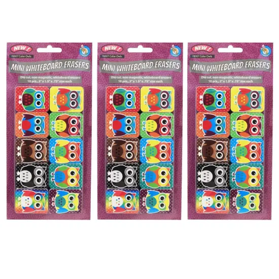 Non-Magnetic Mini Whiteboard Erasers, Color Owls, 10 Per Pack, 3 Packs {1}