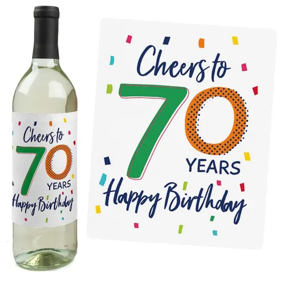 Big Dot of Happiness 70th Birthday - Cheerful Happy Birthday - Colorful Seventieth Birthday Party Decor- Wine Bottle Label Stickers - Set of 4 {3}