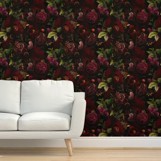 Pre-Pasted Wallpaper 2FT Wide Vintage Botanical Dark Chintz Gothic Victorian Moody Romantic Redoute Roses Large Scale Custom Pre-pasted Wallpaper by Spoonflower {5}