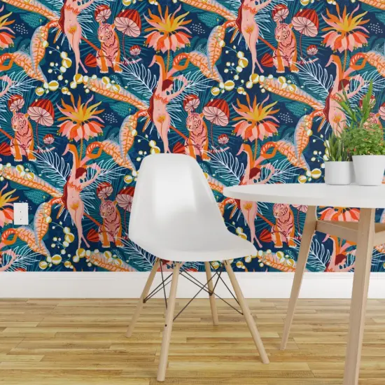Pre-Pasted Wallpaper 2FT Wide Maximalist Tropical Surrealism Jungle Flowers Woman Dancer Coral Tiger Custom Pre-pasted Wallpaper by Spoonflower {1}