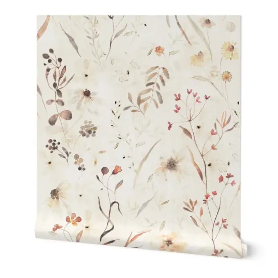 Peel & Stick Wallpaper 2FT Wide Elegant Meadow Wildflowers Hand-Painted Neutral Botanical Feminine Earth Tone Garden Custom Removable Wallpaper by Spoonflower {7}