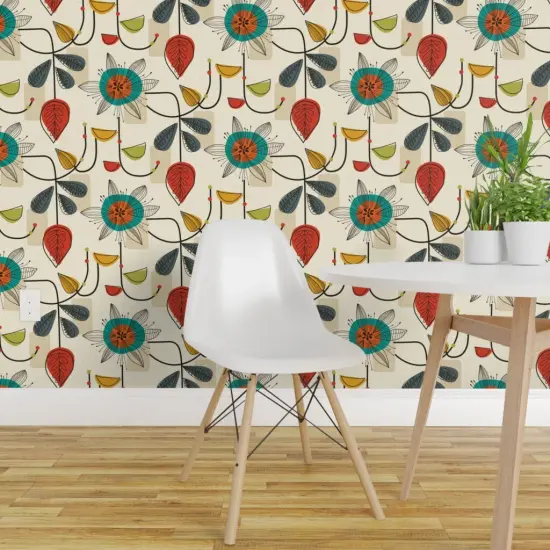 Pre-Pasted Wallpaper 2FT Wide Mid Century Retro Floral Block Colour Cream Beige Geometric Shapes Atomic Age Custom Pre-pasted Wallpaper by Spoonflower {1}