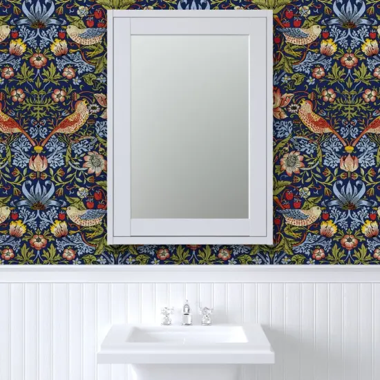 Pre-Pasted Wallpaper 2FT Wide Strawberry Bright Blue Medium Bird Floral Damask Custom Pre-pasted Wallpaper by Spoonflower {6}