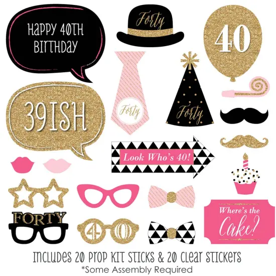 Big Dot of Happiness Chic 40th Birthday - Pink, Black and Gold - Birthday Photo Booth Props Kit - 20 Count {3}