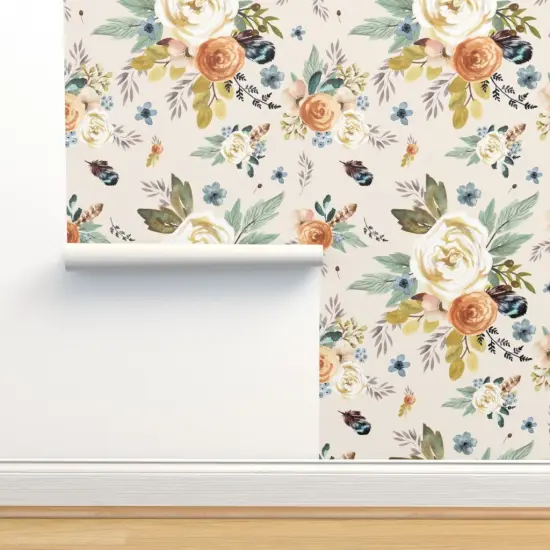 Peel & Stick Wallpaper 2FT Wide Western Autumn Florals Ivory Rustic Floral Watercolor Boho Chic Feather Woodland Girly Custom Removable Wallpaper by Spoonflower {2}