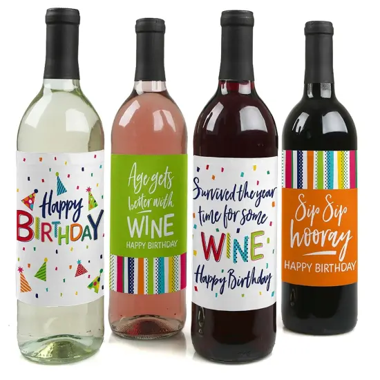 Big Dot of Happiness Cheerful Happy Birthday - Colorful Birthday Party Decorations for Women and Men - Wine Bottle Label Stickers - Set of 4 {1}