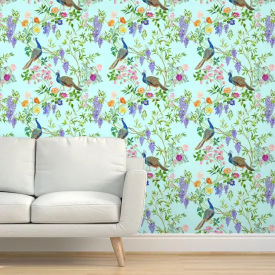 Pre-Pasted Wallpaper 2FT Wide Peacock Chinoiserie Maximalist Spring Floral Forest Elegant Botanical Aqua Mint Light Blue Large Scale Custom Pre-pasted Wallpaper by Spoonflower {5}