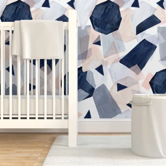 Pre-Pasted Wallpaper 2FT Wide Geo Shapes Navy Blush Watercolor Soft Mod Geometric Abstract Boho Pastel Custom Pre-pasted Wallpaper by Spoonflower {7}