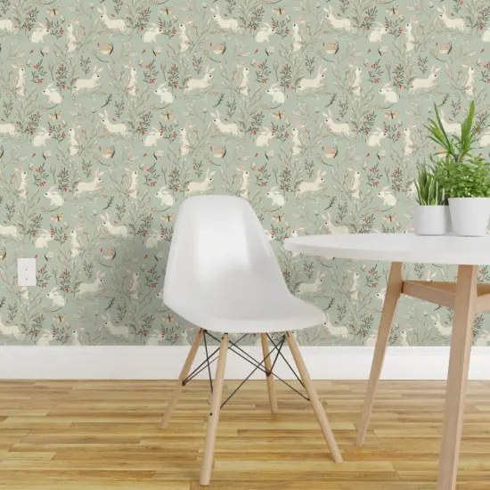 Pre-Pasted Wallpaper 2FT Wide Whimsical Bunnies Easter Bunny Woodland Animals Forest Butterflies Sage Green Custom Pre-pasted Wallpaper by Spoonflower {1}