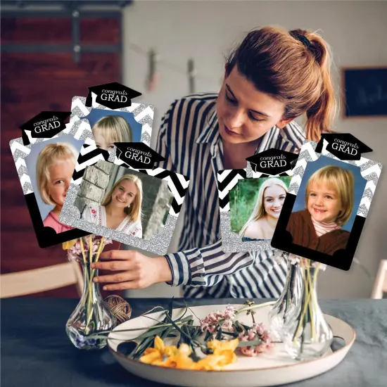 Big Dot of Happiness Tassel Worth The Hassle - Silver - Graduation Party Picture Centerpiece Sticks - Photo Table Toppers - 15 Pieces {3}