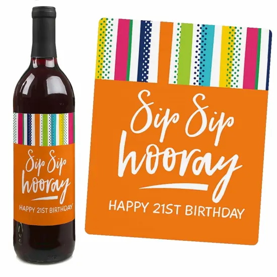 Big Dot of Happiness 21st Birthday - Cheerful Happy Birthday - Colorful Twenty-First Birthday Party Decor - Wine Bottle Label Stickers - Set of 4 {7}