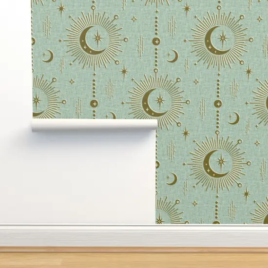 Peel & Stick Wallpaper 2FT Wide Sun And Moon Stars Retro Fifties Starburst Solar Good Luck Talisman Moroccan Lunar Hamsa Fortune Telling Custom Removable Wallpaper by Spoonflower {2}