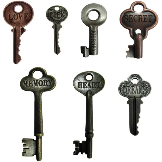 Idea-Ology Metal Word Keys 1.5" To 3" 7/Pkg-Antique Nickel, Brass & Copper {2}