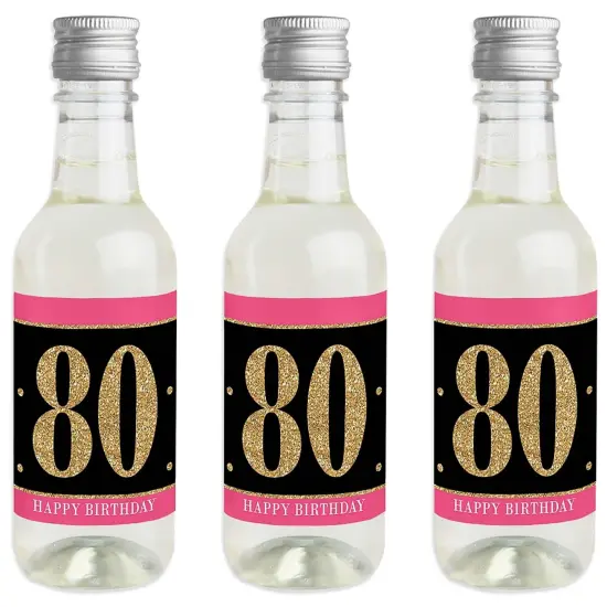 Big Dot of Happiness Chic 80th Birthday - Pink, Black and Gold - Mini Wine and Champagne Bottle Label Stickers - Birthday Party Favor Gift - Set of 16 {1}