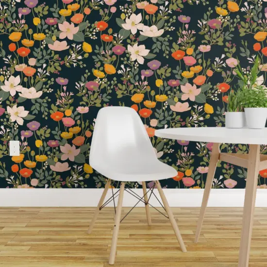 Pre-Pasted Wallpaper 2FT Wide Maximalist Floral Colourful Poppies Romantic Garden Poppy Botanical Chinoiserie Custom Pre-pasted Wallpaper by Spoonflower {1}