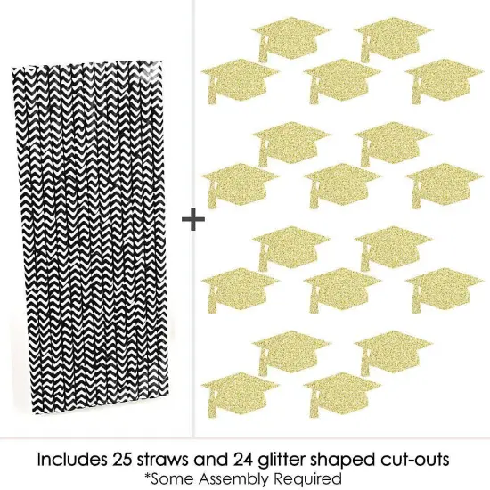 Big Dot of Happiness Gold Glitter Grad Cap Party Straws - No-Mess Real Gold Glitter Cut-Outs & Decorative Graduation Party Paper Straws - Set of 24 {6}
