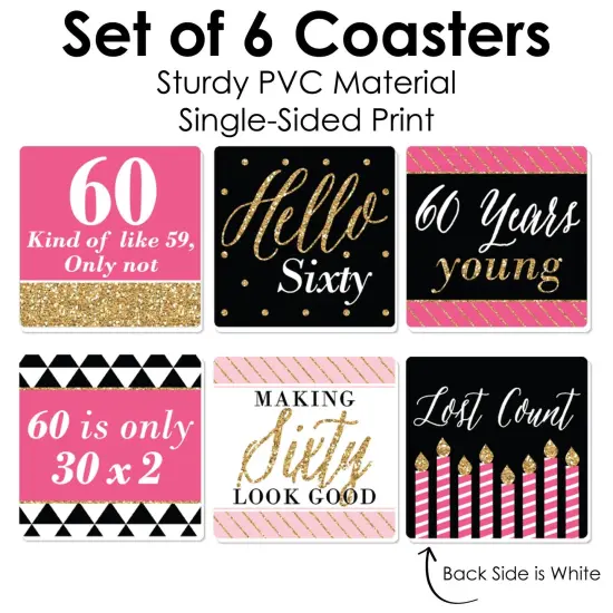 Big Dot of Happiness Chic 60th Birthday - Pink, Black and Gold - Funny Birthday Party Decorations - Drink Coasters - Set of 6 {6}