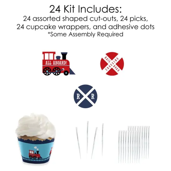 Big Dot of Happiness Railroad Party Crossing - Cupcake Decoration - Steam Train Party Cupcake Wrappers and Treat Picks Kit - Set of 24 {6}