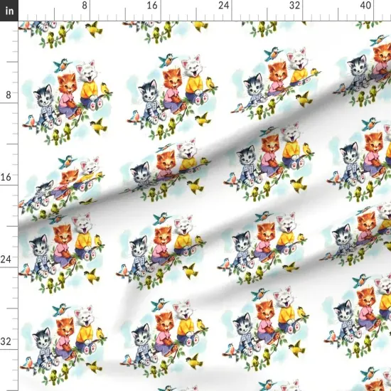 Various Fabrics by the Yard or Fat Quarter Vintage Retro Kitsch Cats Kittens Birds Sky Clouds Children Nursery Trees Leaves Kids Fairy Custom Printed Fabric by Spoonflower {1}