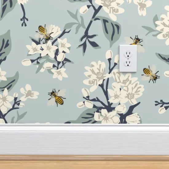 Peel & Stick Wallpaper 2FT Wide Vintage Inspired Modern Farmhouse Painted Honeybee White Floral Botanical Pastel Blue Custom Removable Wallpaper by Spoonflower {4}