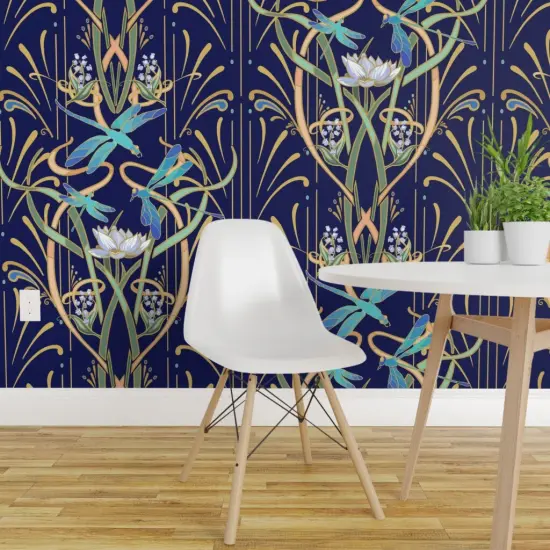 Peel & Stick Wallpaper 2FT Wide Bold Art Nouveau Large Scale Dragonflies Aqua Lotus Lily Of The Valley Water Garden Custom Removable Wallpaper by Spoonflower {1}