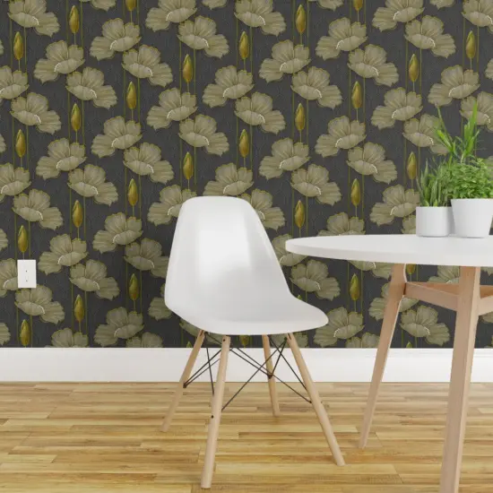 Peel & Stick Wallpaper 2FT Wide Art Decor Poppy Vintage 1920S Poppies Yellow Grey Antique Floral Botanical Custom Removable Wallpaper by Spoonflower {1}