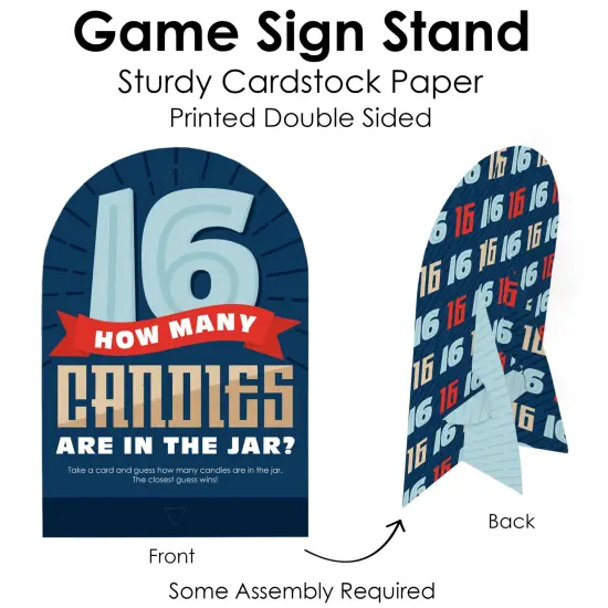Big Dot of Happiness Boy 16th Birthday - How Many Candies Sweet Sixteen Birthday Party Game - 1 Stand and 40 Cards - Candy Guessing Game {6}