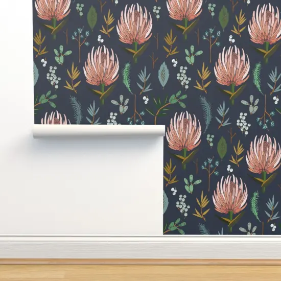 Pre-Pasted Wallpaper 2FT Wide Natural Botanical Blush Pink Floral Study Dark Blue Flower Nature Leaf Custom Pre-pasted Wallpaper by Spoonflower {2}