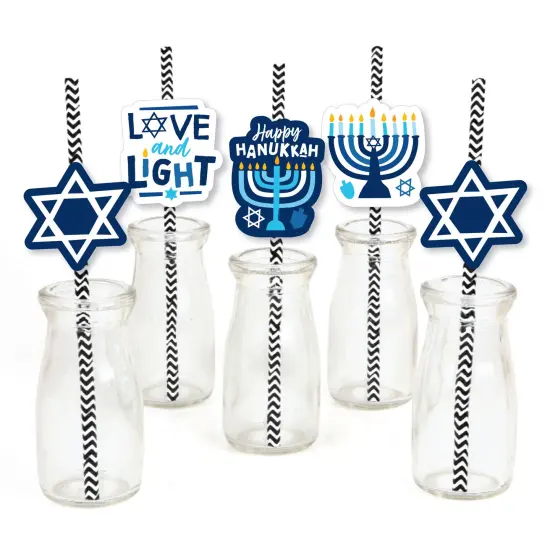 Big Dot of Happiness Hanukkah Menorah - Paper Straw Decor - Chanukah Holiday Party Striped Decorative Straws - Set of 24 {1}