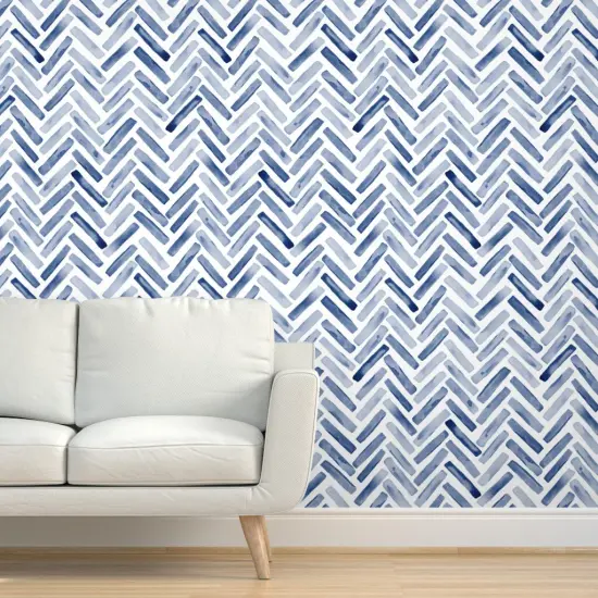 Pre-Pasted Wallpaper 2FT Wide Watercolor Chevron Herringbone Modern Boy Nursery Blue And White Custom Pre-pasted Wallpaper by Spoonflower {5}
