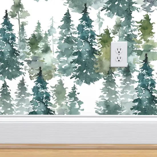 Pre-Pasted Wallpaper 2FT Wide Woodland Pine Trees White Winter Christmas Snowy Watercolor Green Holiday Forest Custom Pre-pasted Wallpaper by Spoonflower {4}