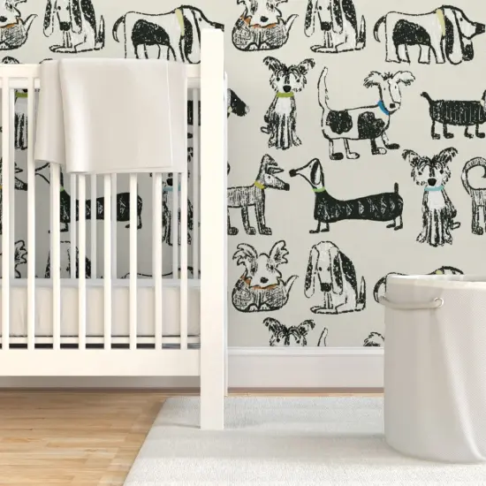 Pre-Pasted Wallpaper 2FT Wide Dogs Pet Animal Gender Neutral Puppies Sketch Hand Drawn Custom Pre-pasted Wallpaper by Spoonflower {7}