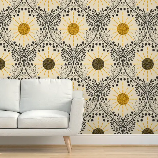 Peel & Stick Wallpaper 2FT Wide Retro Boho Sun Retro Sun Mushroom Organic Mushrooms Sunshine Botanical Ogee Weather Textured Yellow And Black Flowers Custom Removable Wallpaper by Spoonflower {5}