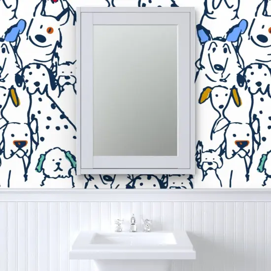 Pre-Pasted Wallpaper 2FT Wide Whimsical Dog Doodle Large Scale Pets Veterinarian Rescue Lover Hand Drawn Quirky Animals Blue Cute Custom Pre-pasted Wallpaper by Spoonflower {6}