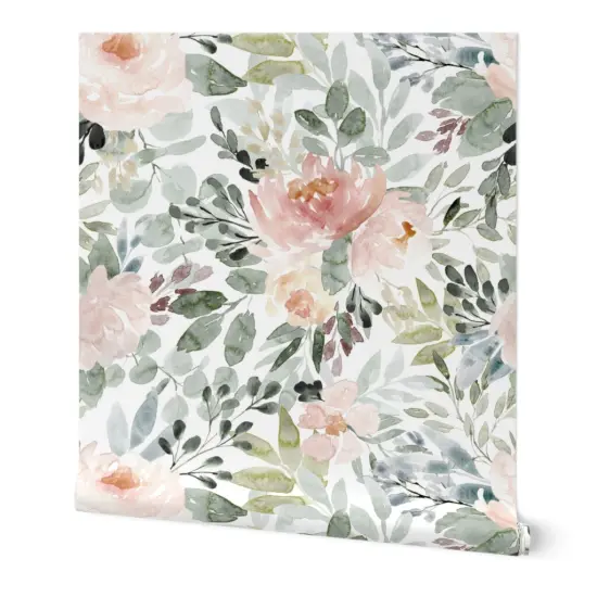 Peel & Stick Wallpaper 2FT Wide Soft Floral Watercolor Roses Sage Green Blush Baby Girl Nursery Wedding Flowers Botanical Custom Removable Wallpaper by Spoonflower 10114394 {7}