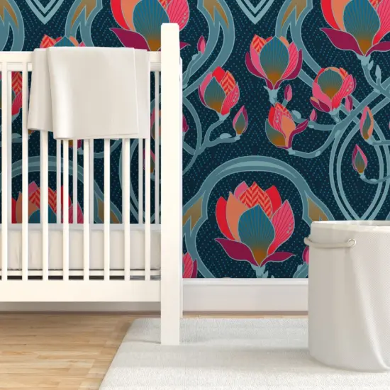 Pre-Pasted Wallpaper 2FT Wide Art Nouveau Floral Magnolia Vintage Inspired Deco Pink Blue Coral Large Scale Flowers Custom Pre-pasted Wallpaper by Spoonflower {7}