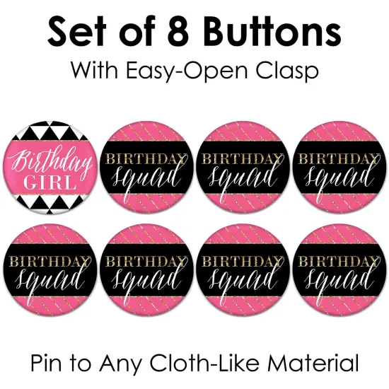 Big Dot of Happiness Chic Happy Birthday - Pink, Black and Gold - 3 inch Birthday Party Badge - Pinback Buttons - Set of 8 {7}