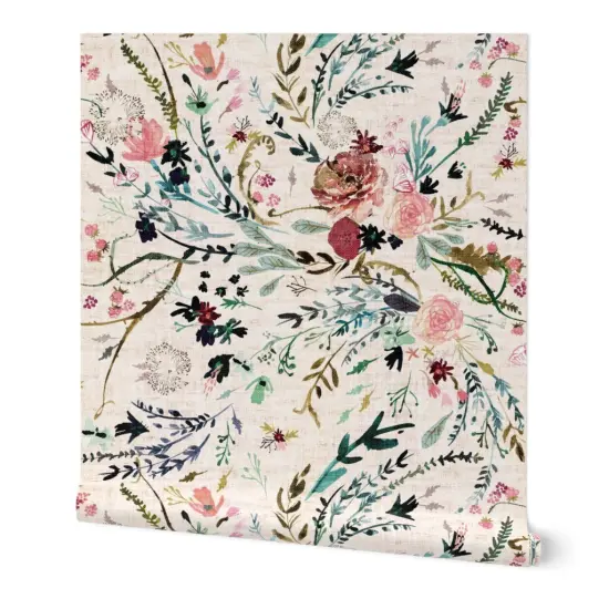 Peel & Stick Wallpaper 2FT Wide Romantic Floral Woven Look Watercolor Blooms Feminine Flowers Botanical Custom Removable Wallpaper by Spoonflower {7}