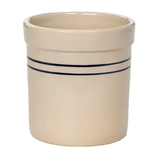 Martinez Pottery Pickling Fermenting Crock - Tan with Blue Stripe Stoneware Jar, 1/2 Gallon Capacity {1}