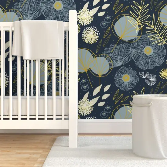 Pre-Pasted Wallpaper 2FT Wide Mod Firefly Botanical Blooms Night Garden Dark Meadow Midcentury Modern Custom Pre-pasted Wallpaper by Spoonflower {7}