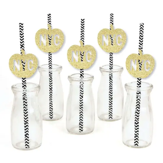 Big Dot of Happiness Gold Glitter NYC Apple Party Straws - No-Mess Real Glitter Cut-Outs and Decorative New York City Party Paper Straws - Set of 24 {3}