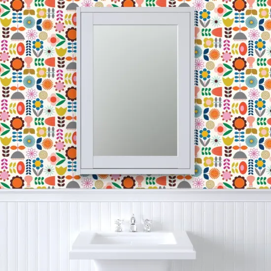 Pre-Pasted Wallpaper 2FT Wide Scandinavian Scandi Style Folk Art Inspired Colorful Mod Floral Flower Daisy Tulip Garden Custom Pre-pasted Wallpaper by Spoonflower {6}