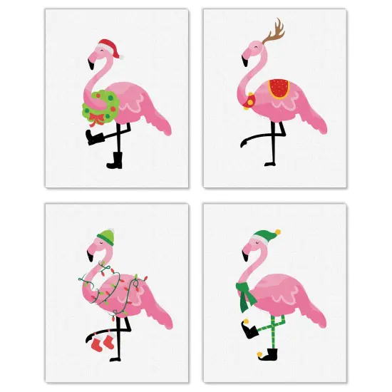 Big Dot of Happiness Flamingle Bells - Unframed Tropical Christmas Linen Paper Wall Art - Set of 4 - Artisms - 8 x 10 inches {1}