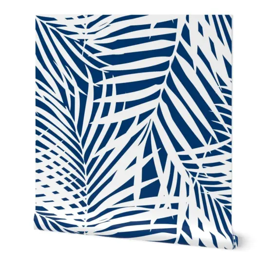 Peel & Stick Wallpaper 2FT Wide Silhouette Navy Palm Summer Tropical Blue And White Coastal Fronds Leaf Custom Removable Wallpaper by Spoonflower {7}