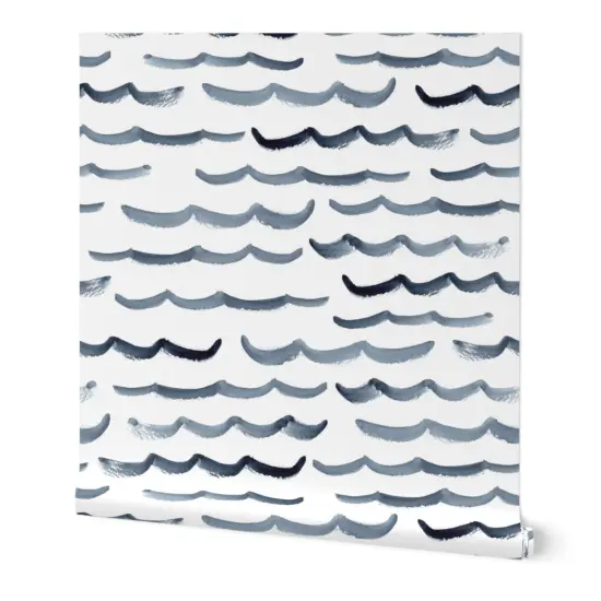 Peel & Stick Wallpaper 2FT Wide Watercolor Ocean Modern Nautical Blue And White Abstract Waves Maritime Beach Custom Removable Wallpaper by Spoonflower {7}