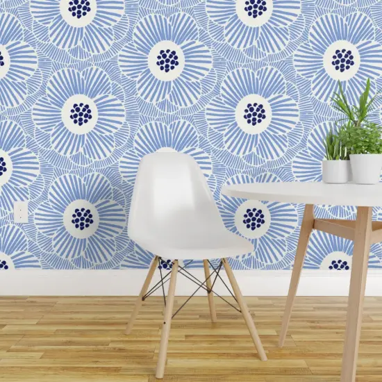Pre-Pasted Wallpaper 2FT Wide Blue Camellia Floral Modern Abstract Hand-Drawn Large Scale Custom Pre-pasted Wallpaper by Spoonflower {1}